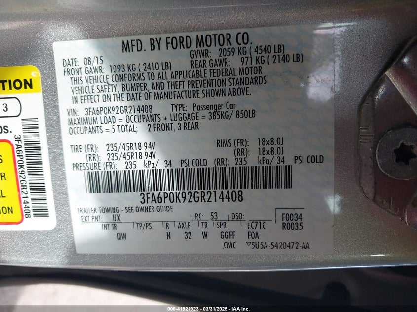 2016 FORD FUSION VIN: 3FA6P0K92GR214408
