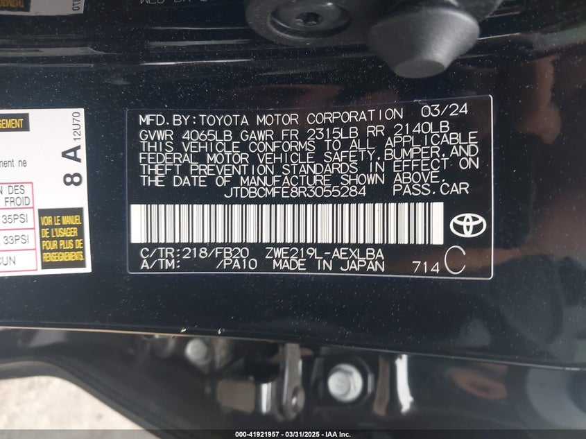 VIN JTDBCMFE8R3055284 2024 TOYOTA COROLLA HYBRID LE