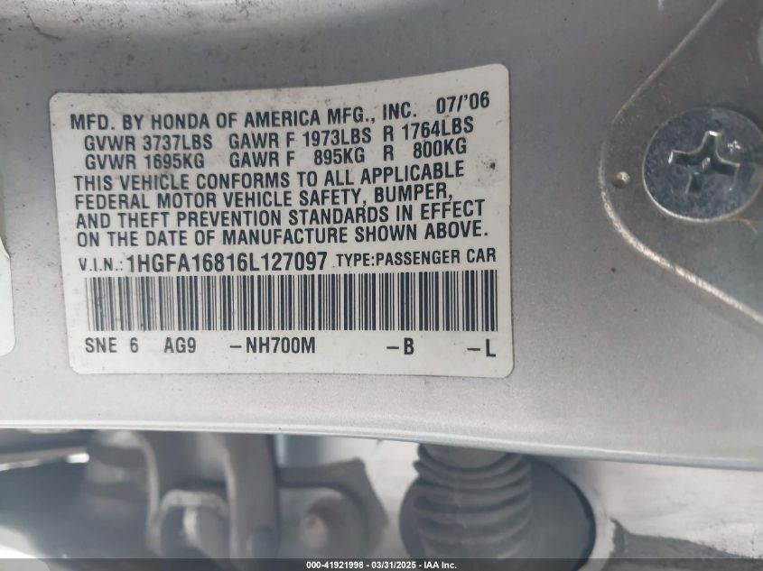 2006 Honda Civic Ex VIN: 1HGFA16816L127097 Lot: 41921998