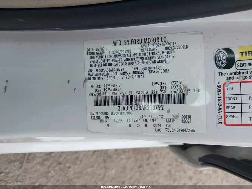 2010 FORD FUSION HYBRID VIN: 3FADP0L38AR210792