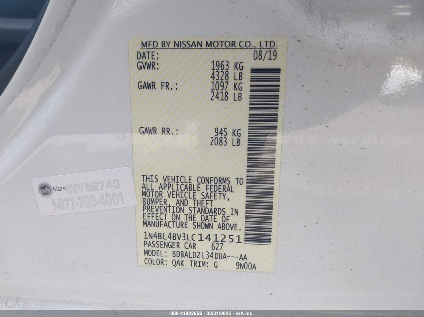 2020 Nissan Altima S Fwd VIN: 1N4BL4BV3LC141251 Lot: 41922056