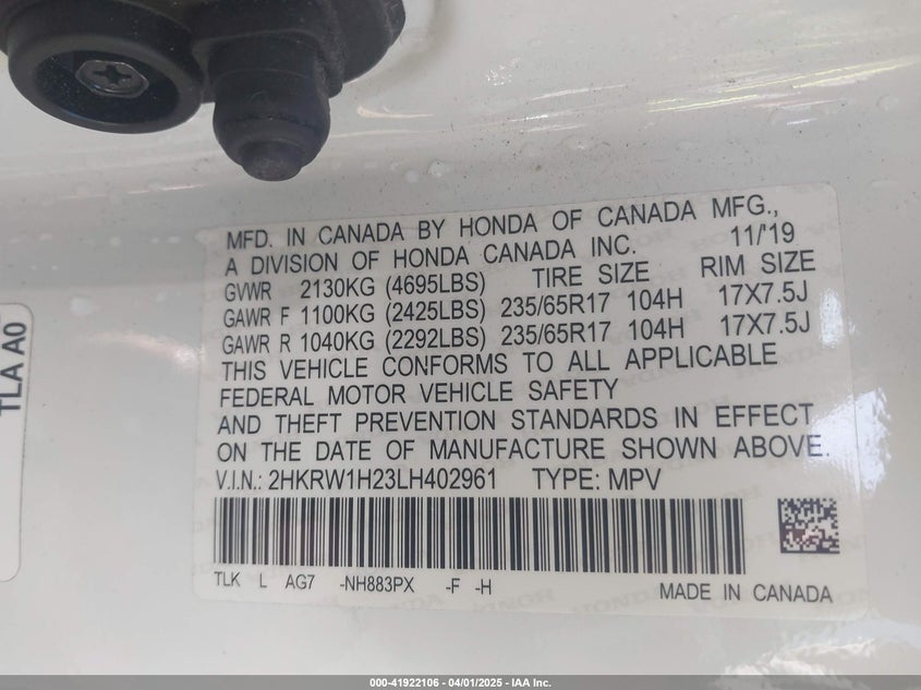 2020 Honda Cr-V 2Wd Lx VIN: 2HKRW1H23LH402961 Lot: 41922106