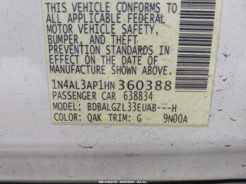 2017 NISSAN ALTIMA VIN: 1N4AL3AP1HN360388