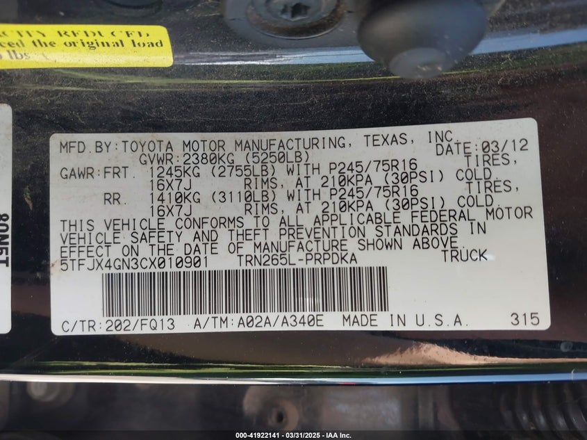 2012 TOYOTA TACOMA VIN: 5TFJX4GN3CX010901