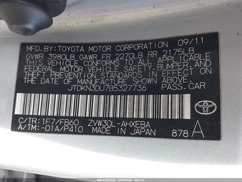 2011 TOYOTA PRIUS VIN: JTDKN3DU7B5327736