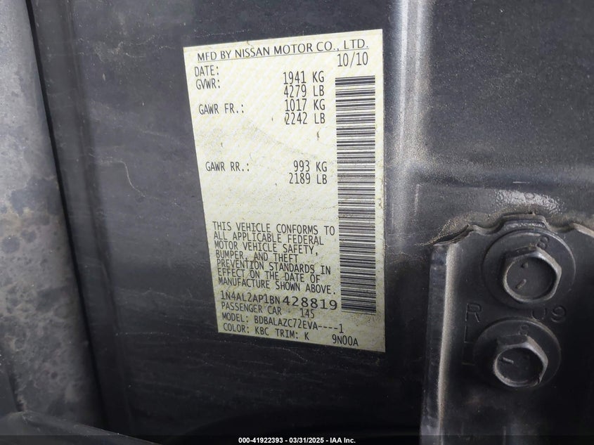 2011 NISSAN ALTIMA VIN: 1N4AL2AP1BN428819