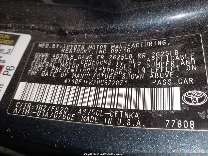 2017 TOYOTA CAMRY VIN: 4T1BF1FK7HU672871