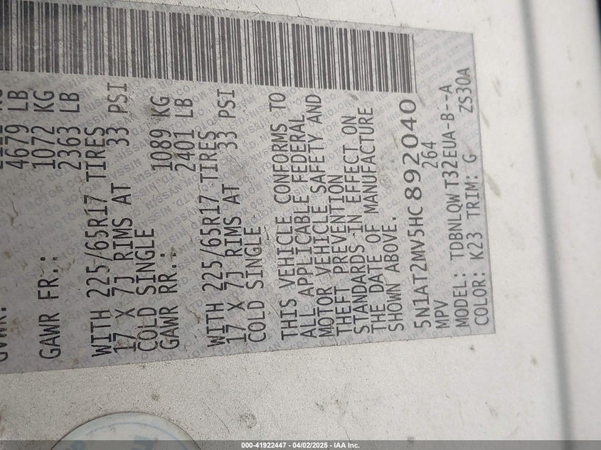 2017 NISSAN ROGUE SV - 5N1AT2MV5HC892040