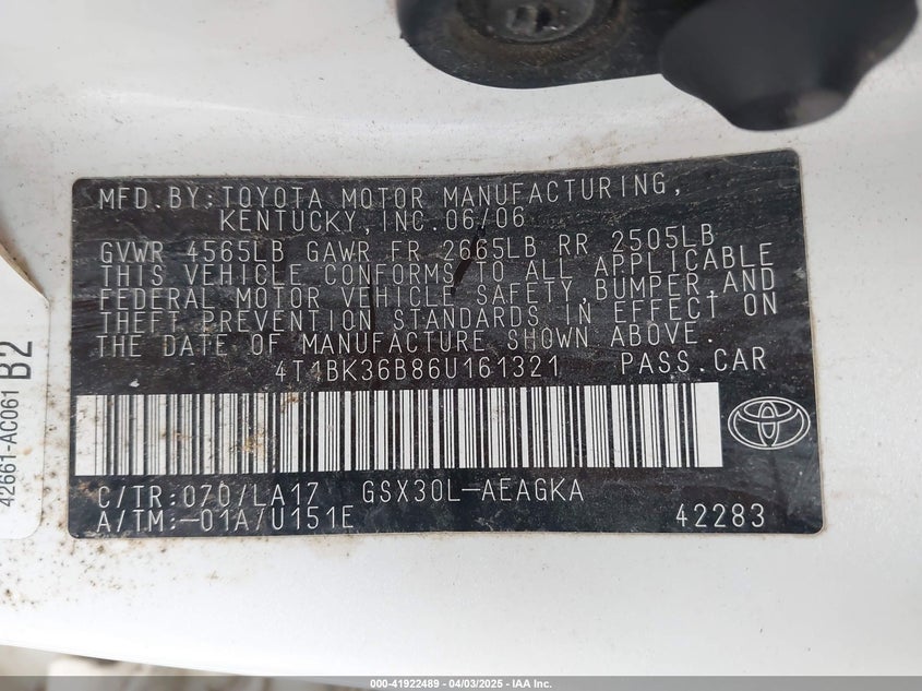 2006 TOYOTA AVALON VIN: 4T1BK36B86U161321