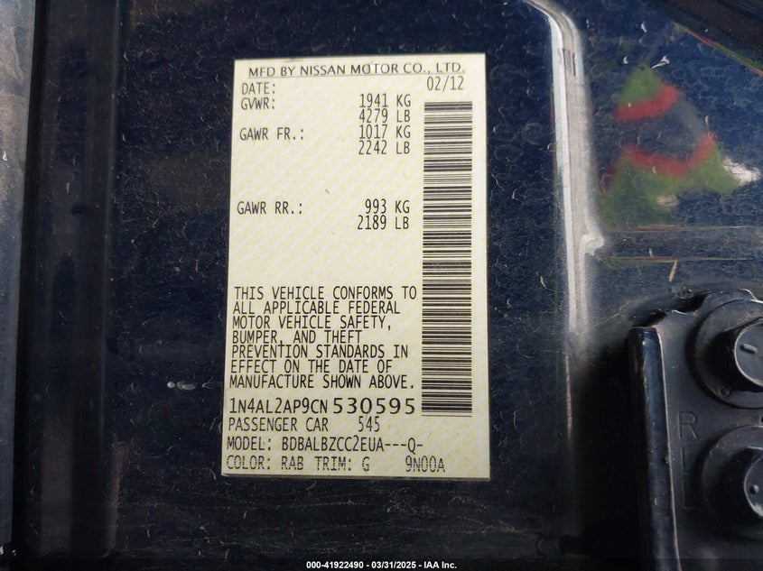 2012 NISSAN ALTIMA VIN: 1N4AL2AP9CN530595