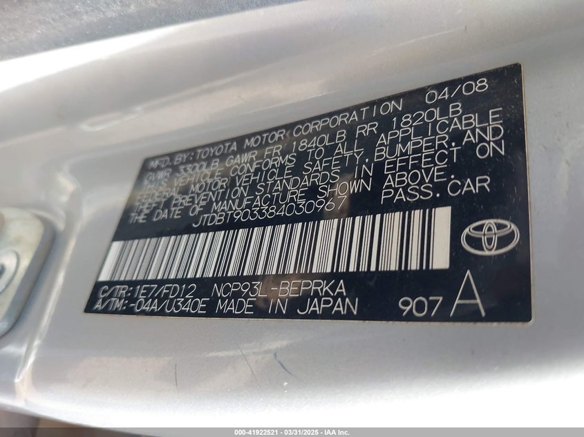 2008 TOYOTA YARIS VIN: JTDBT903384030967