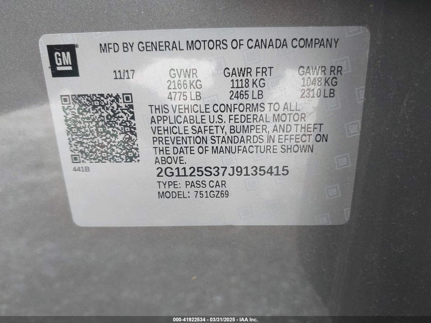 2018 CHEVROLET IMPALA VIN: 2G1125S37J9135415