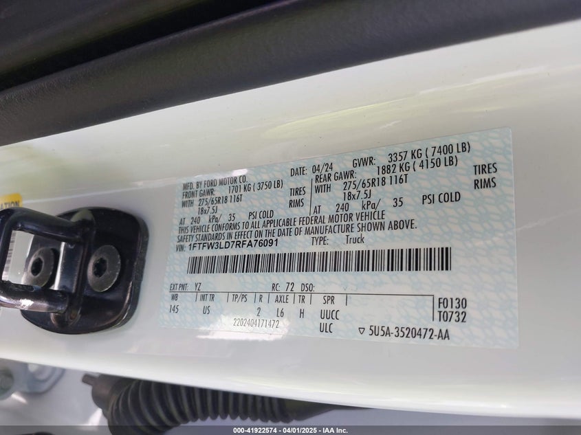 2024 FORD F-150 VIN: 1FTFW3LD7RFA76091