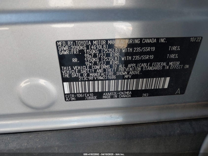 2022 TOYOTA RAV4 VIN: 2T3C1RFV1NW231686