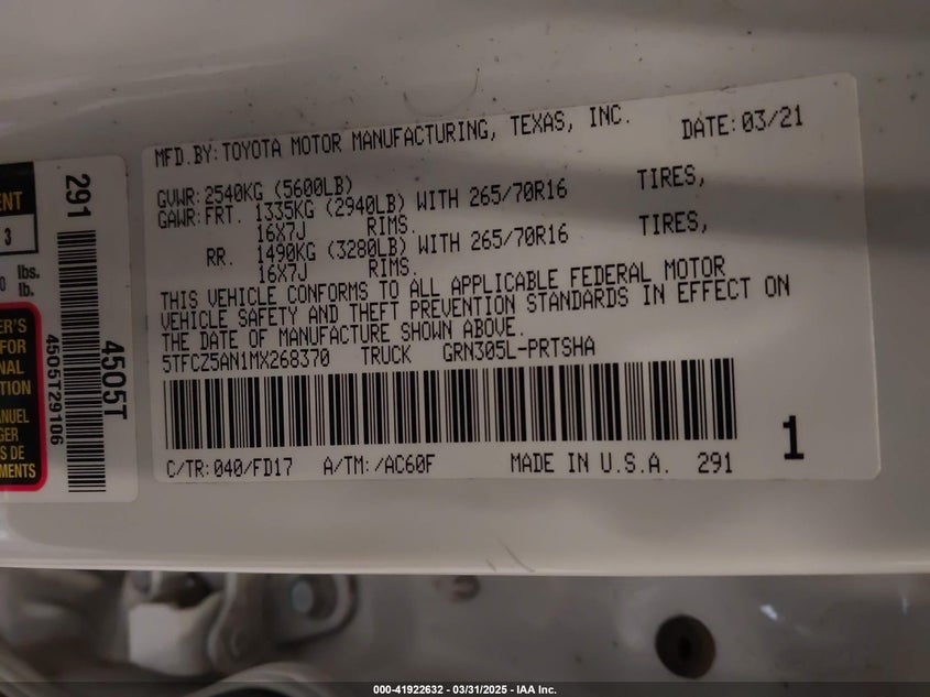 2021 TOYOTA TACOMA VIN: 5TFCZ5AN1MX268370