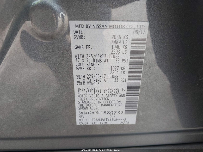 2017 NISSAN ROGUE VIN: 5N1AT2MT9HC880732