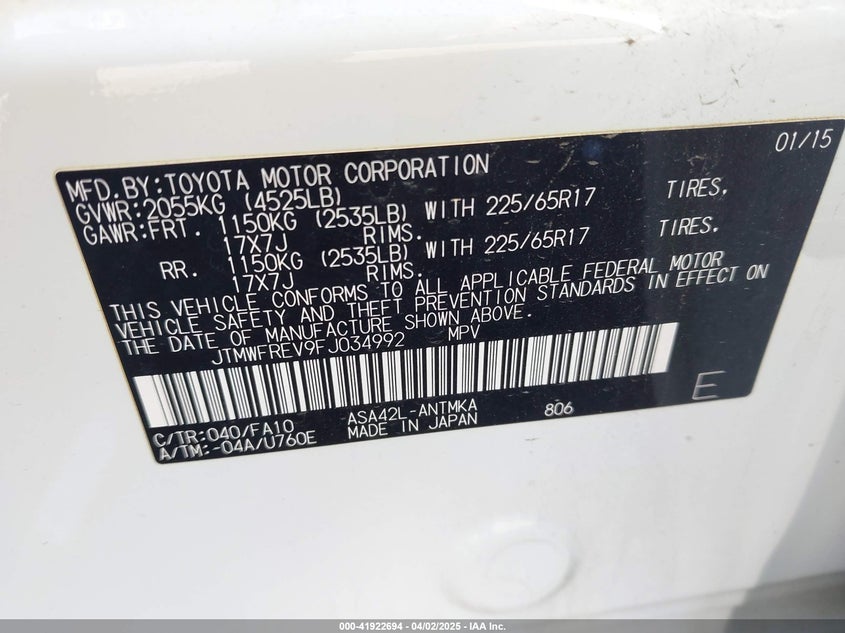 2015 TOYOTA RAV4 XLE - JTMWFREV9FJ034992