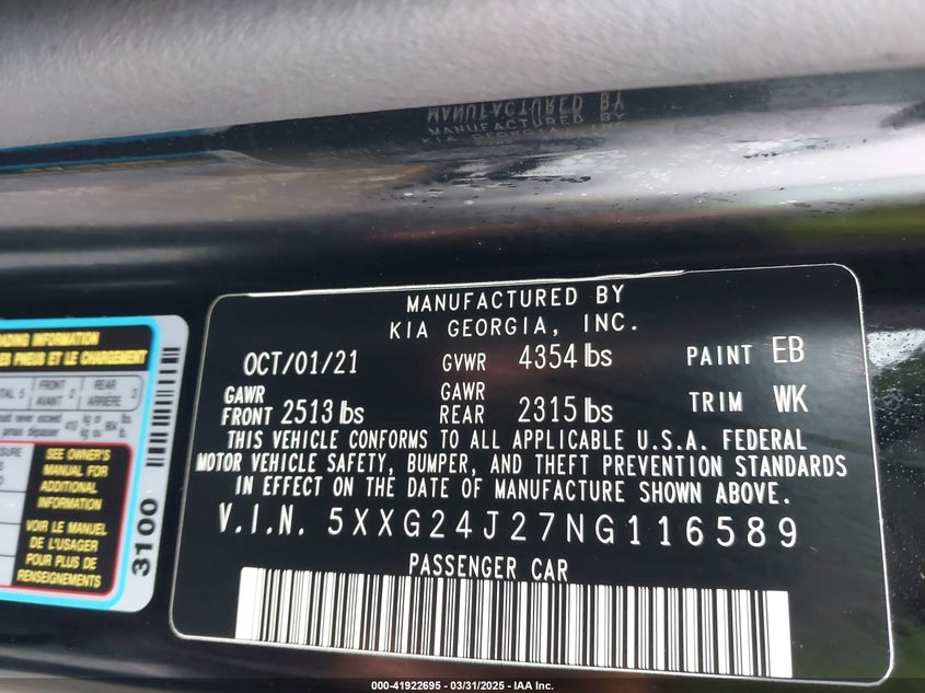 2022 KIA K5 VIN: 5XXG24J27NG116589