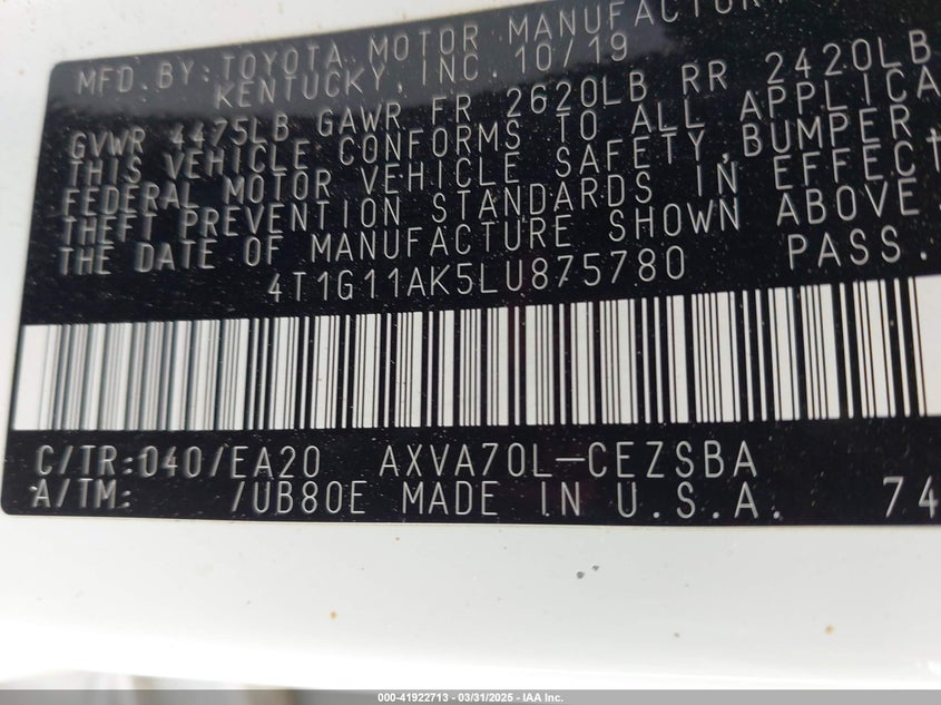 2020 TOYOTA CAMRY VIN: 4T1G11AK5LU875780