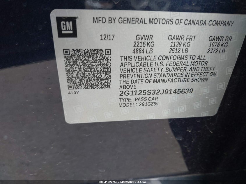 2018 CHEVROLET IMPALA VIN: 2G1125S32J9145639