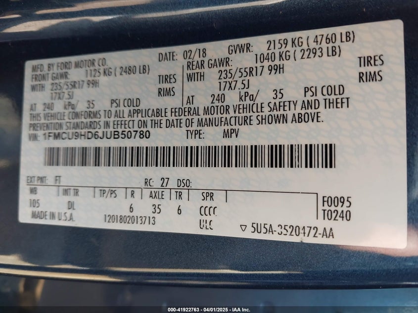 VIN 1FMCU9HD6JUB50780 2018 FORD ESCAPE SEL