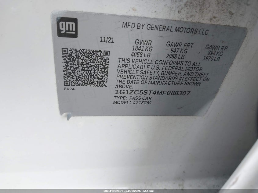 2021 CHEVROLET MALIBU VIN: 1G1ZC5ST4MF088307