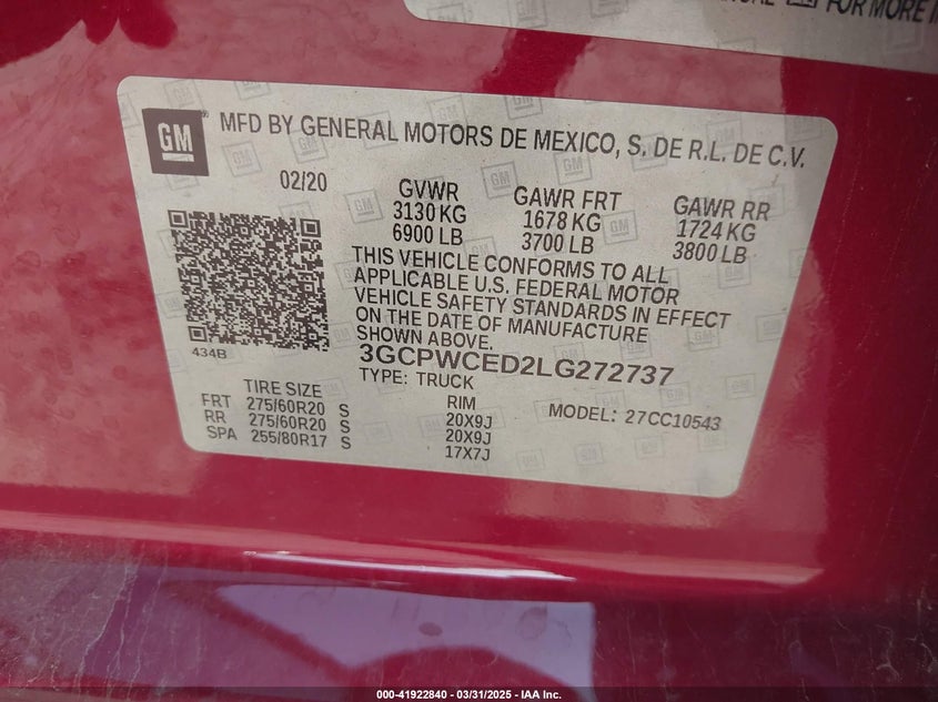 2020 CHEVROLET SILVERADO 1500 VIN: 3GCPWCED2LG272737