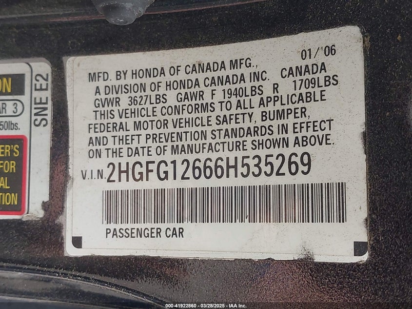 2006 HONDA CIVIC VIN: 2HGFG12666H535269
