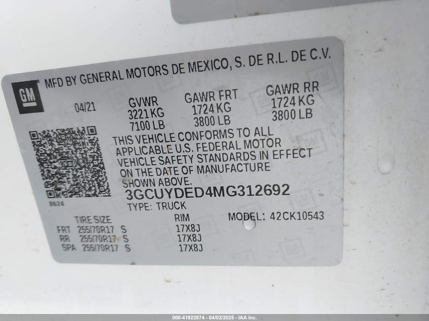 2021 CHEVROLET SILVERADO 1500 VIN: 3GCUYDED4MG312692