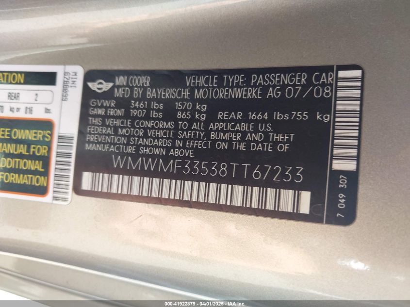 2008 Mini Cooper VIN: WMWMF33538TT67233 Lot: 41922879
