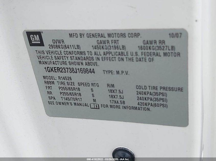 2008 GMC Acadia Slt-1 VIN: 1GKER23738J169844 Lot: 41922922