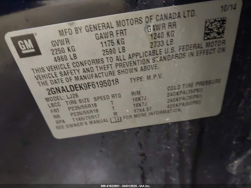 2015 CHEVROLET EQUINOX VIN: 2GNALDEK9F6195018