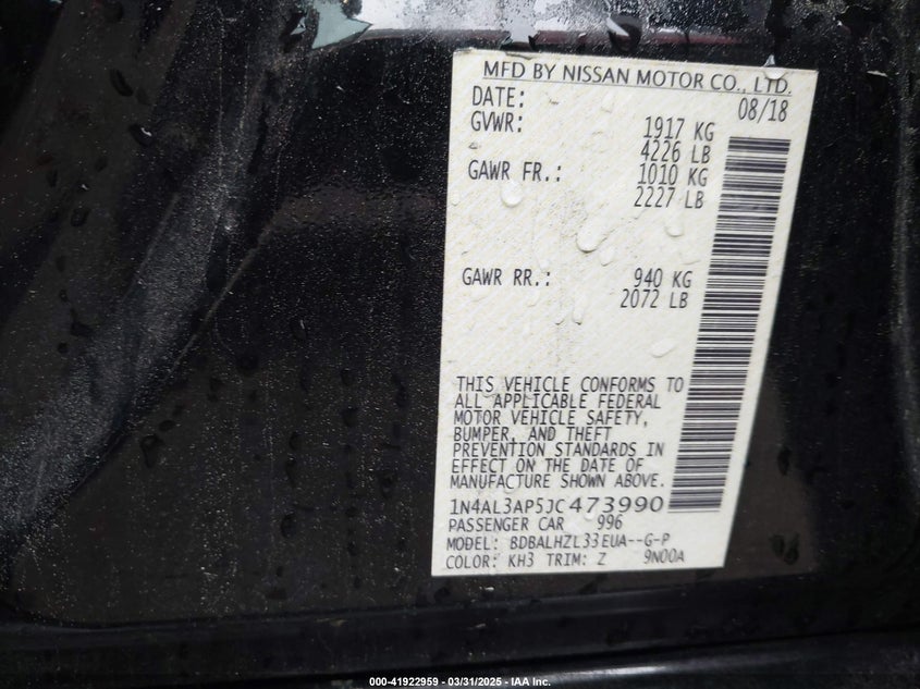 2018 NISSAN ALTIMA VIN: 1N4AL3AP5JC473990