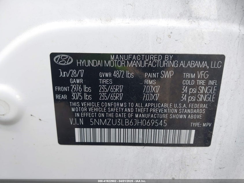 2018 HYUNDAI SANTA FE SPORT VIN: 5NMZU3LB6JH069545