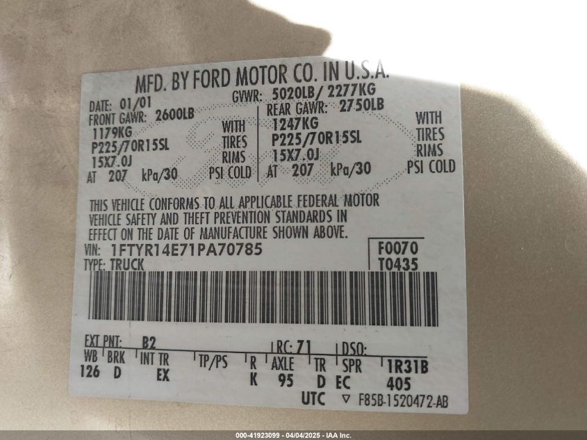 2001 Ford Ranger Edge/Xlt VIN: 1FTYR14E71PA70785 Lot: 41923099