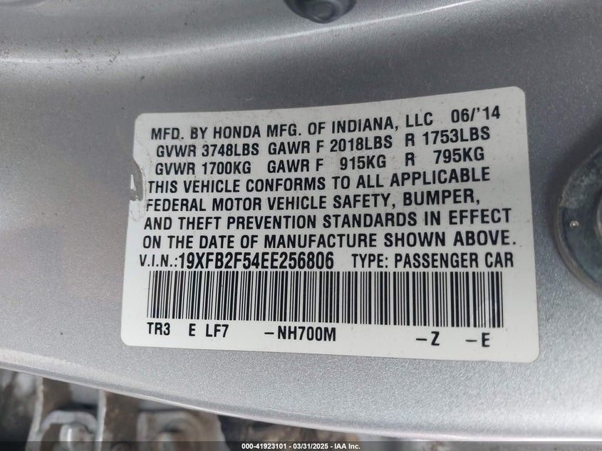 2014 HONDA CIVIC VIN: 19XFB2F54EE256806