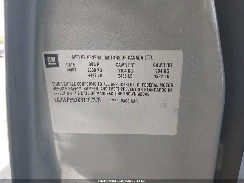 2008 Pontiac Grand Prix VIN: 2G2WP552X81107378 Lot: 41923134
