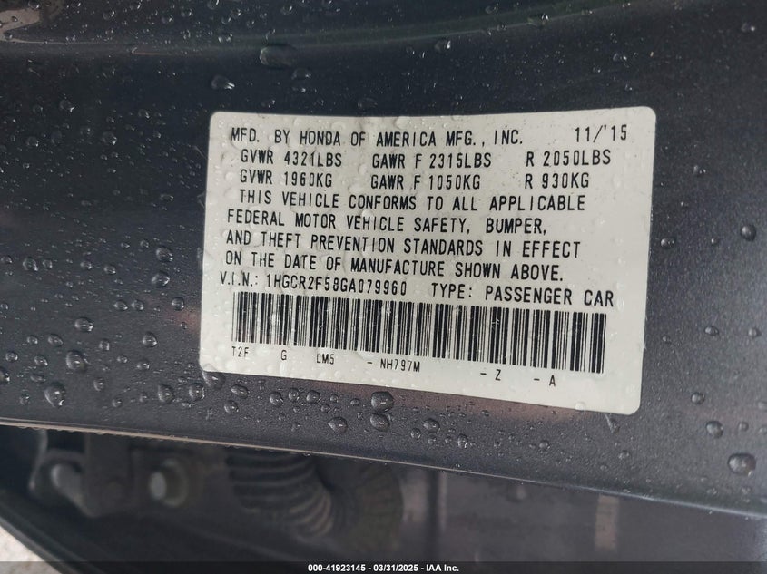 2016 HONDA ACCORD VIN: 1HGCR2F58GA079960