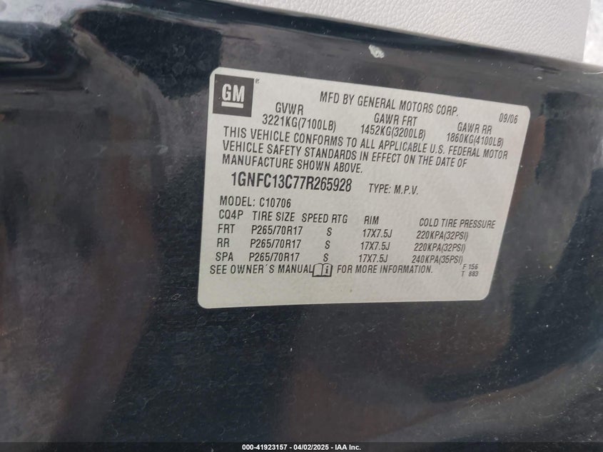 2007 CHEVROLET TAHOE VIN: 1GNFC13C77R265928