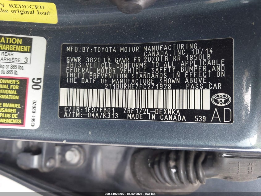 2015 TOYOTA COROLLA VIN: 2T1BURHE7FC271928