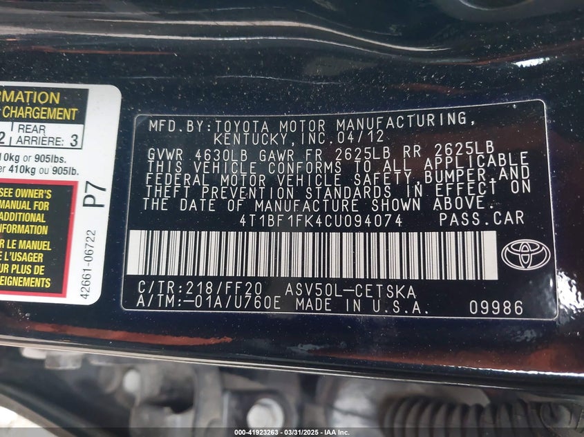 2012 TOYOTA CAMRY VIN: 4T1BF1FK4CU094074