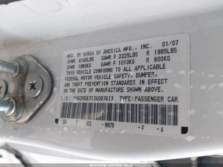 2007 HONDA ACCORD VIN: 1HGCM56717A097413