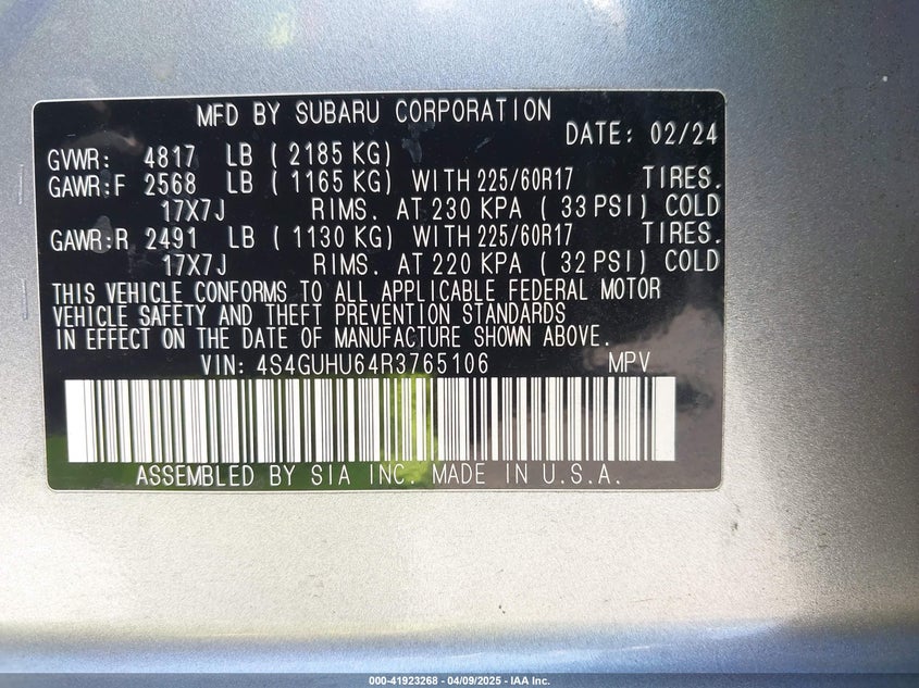 2024 SUBARU CROSSTREK VIN: 4S4GUHU64R3765106