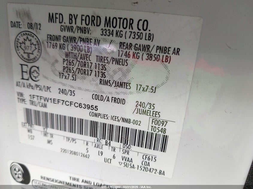 2012 FORD F-150 VIN: 1FTFW1EF7CFC63955