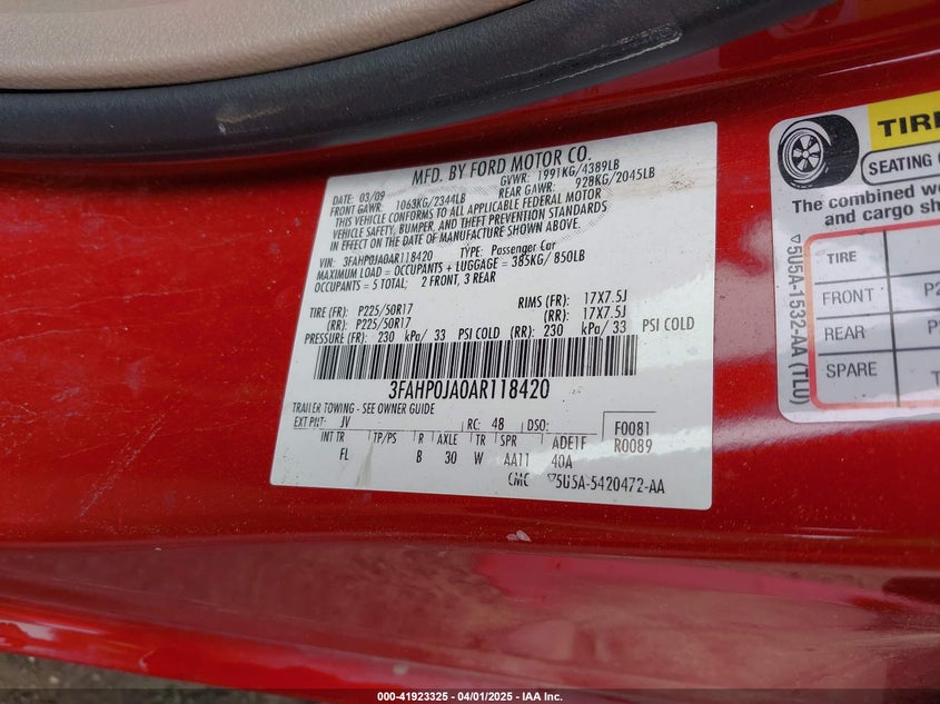 2010 FORD FUSION VIN: 3FAHP0JA0AR118420