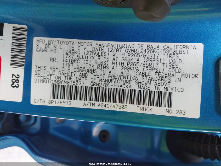2008 Toyota Tacoma Prerunner V6 VIN: 3TMKU72N98M015023 Lot: 41923383
