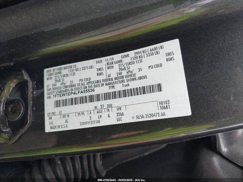 2020 FORD F-150 VIN: 1FTEW1EP4LFA55536