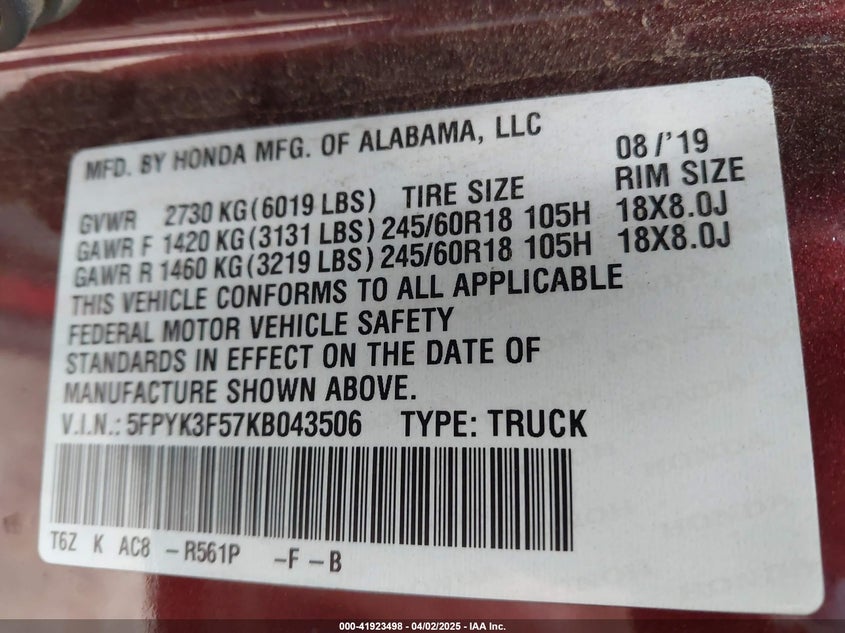 2019 HONDA RIDGELINE RTL - 5FPYK3F57KB043506