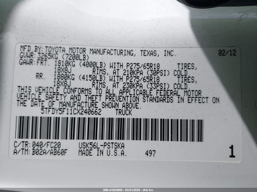 2012 Toyota Tundra Grade 5.7L V8 VIN: 5TFDY5F11CX240662 Lot: 41923600