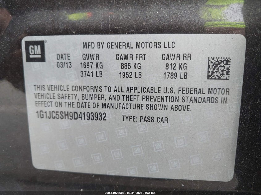 2013 CHEVROLET SONIC VIN: 1G1JC5SH9D4193932